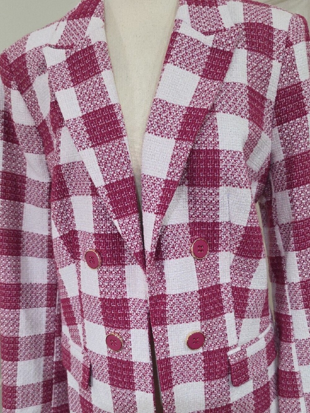 Liz Claiborne Pink & White Check Double-Breasted Tweed Blazer- Size 12 - Picture 2 of 11